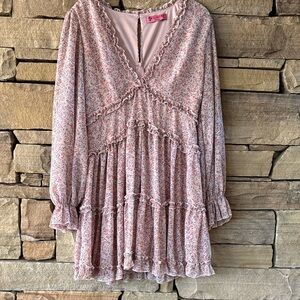 Almost Pink Floral Ruffle V-Neck Dress Top. Light Floral Print Baby Doll, Flirty